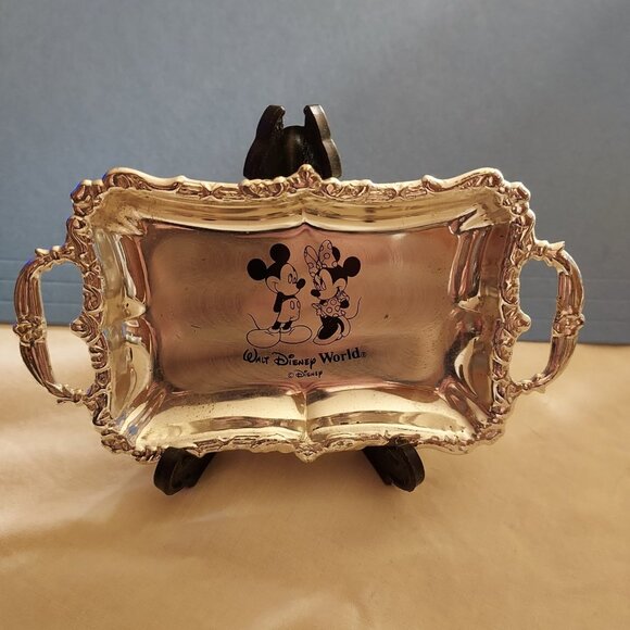 Miniture Walt Disney World Mickey Minnie Silver 5" Wide 2.5" Tall Tray Stand - Picture 1 of 11